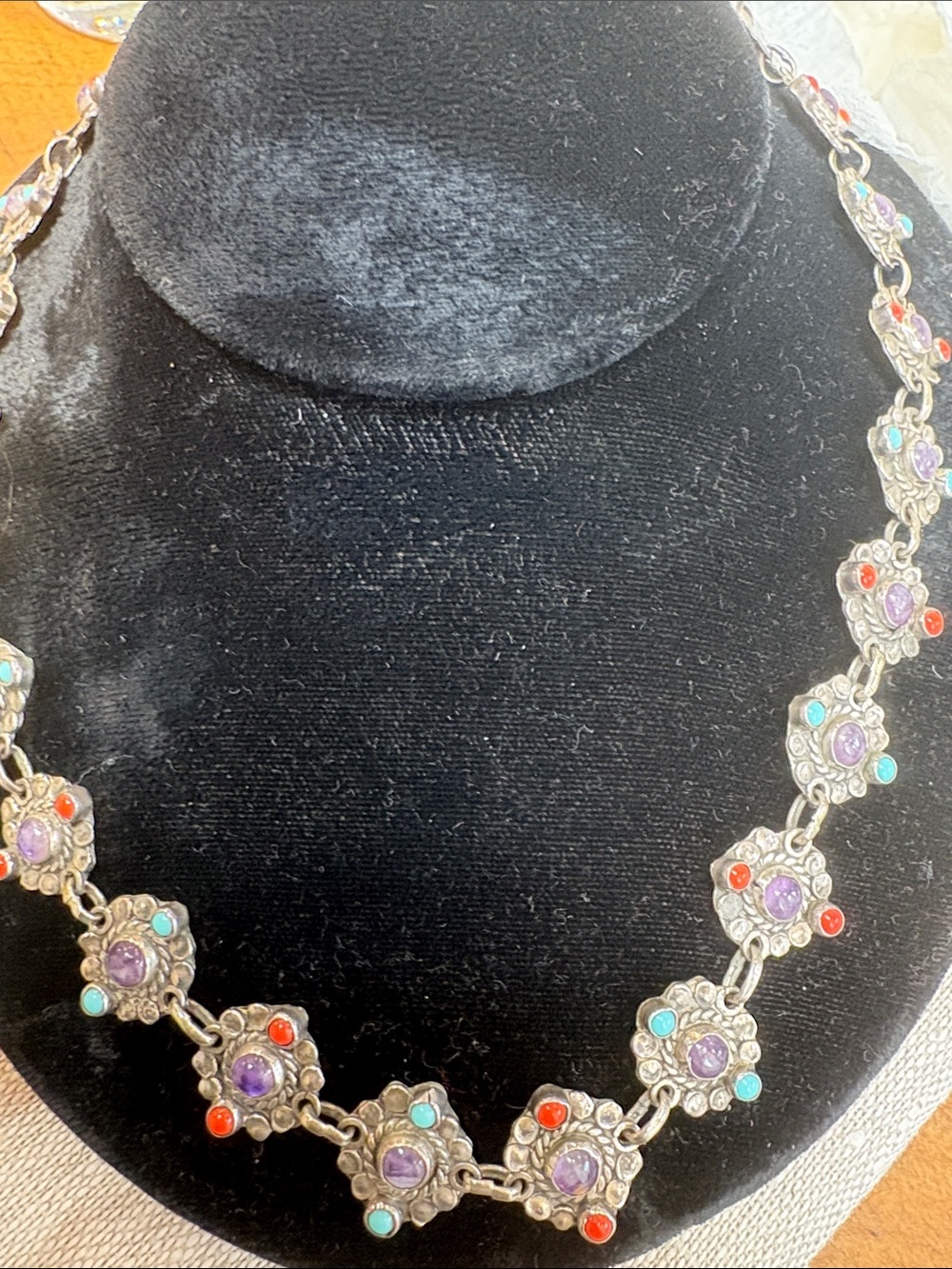 Pure silver Link Necklace - Purple, Turquoise & Coral vintage